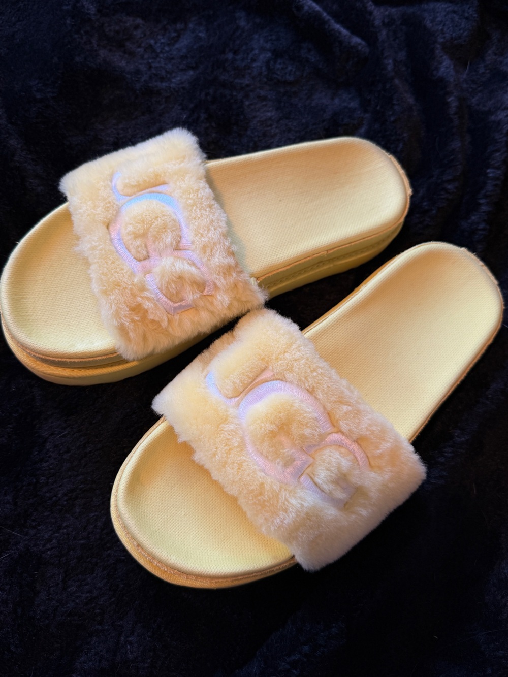 UGG Yellow Fuzz Slide Slippers